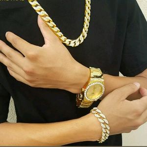 14 K GOLD PT ICED OUT WATCH CHAINS COMBO